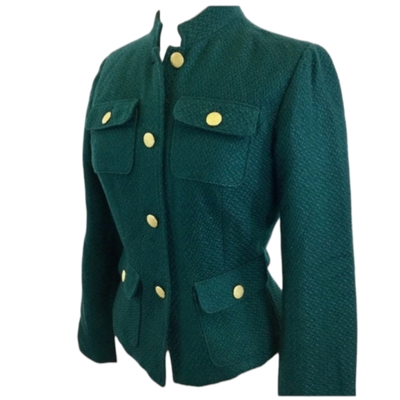 Chico's dark green blazer with gold buttons. Pockets and shoulder pads. Size 1. - Picture 2 of 5